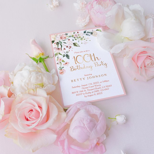Convite 100º aniversário da mulher Dourada e rosa elegante (Honor a special woman's 100th birthday!)