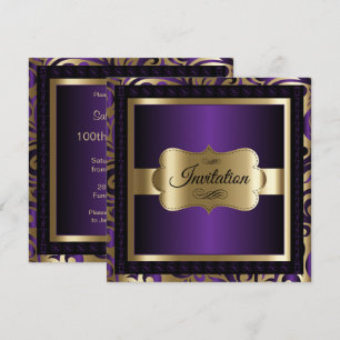 Convite 100º aniversário em um padrão Dourado e roxo profu