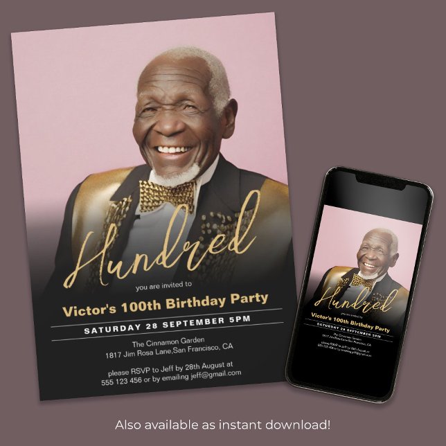 Convite 100º aniversário Foto mínima moderna Dourada negra (100th Birthday Black Gold Minimal Modern Photo Invitation)