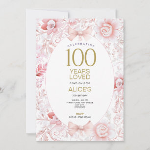 Convite 100º Aniversário Mulheres com Toile Floral Rosa