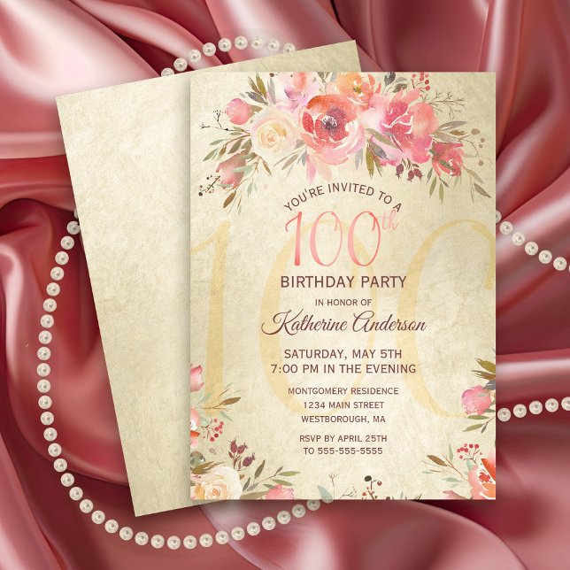 Convite 100º Aniversário Rosas Florais Dourados Shimmer Pa (Elegant 100th Birthday Party Invitation with Pink Roses on a gold shimmer background.)