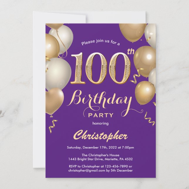 Convite 100º Aniversário Roxo e Balões Dourados Confetti (Frente)