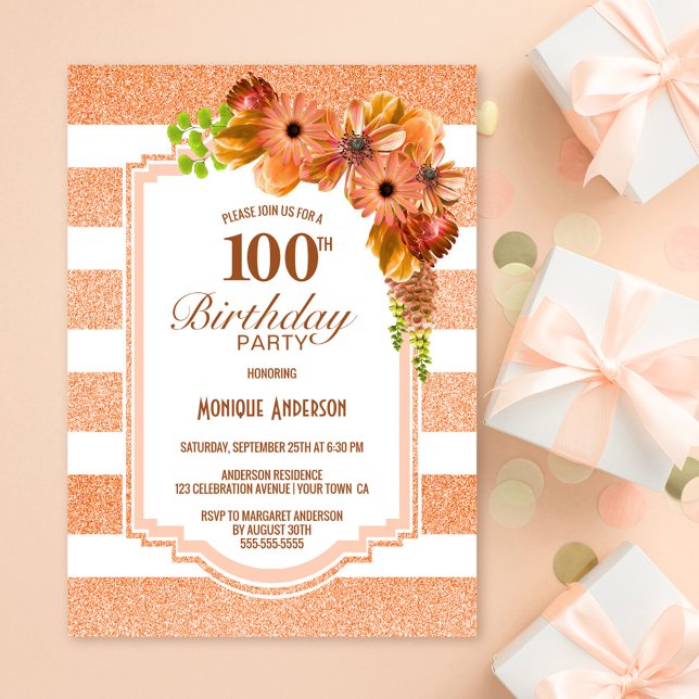 Convite 100º Apricot Striped Floral Party (Criador carregado)