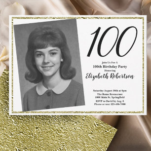 Convite 100º Foto Personalizada Branco e Dourado 