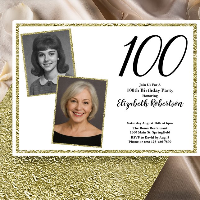 Convite 100º Foto Personalizada Branco e Dourado  (Criador carregado)