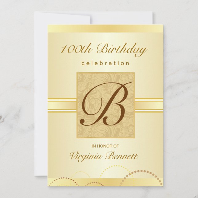 Convite 100º Monograma Dourado de Damask (Frente)