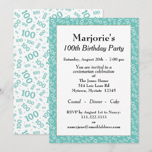 Convite 100º Padrão de Número Branco/Teal de Festa de a
