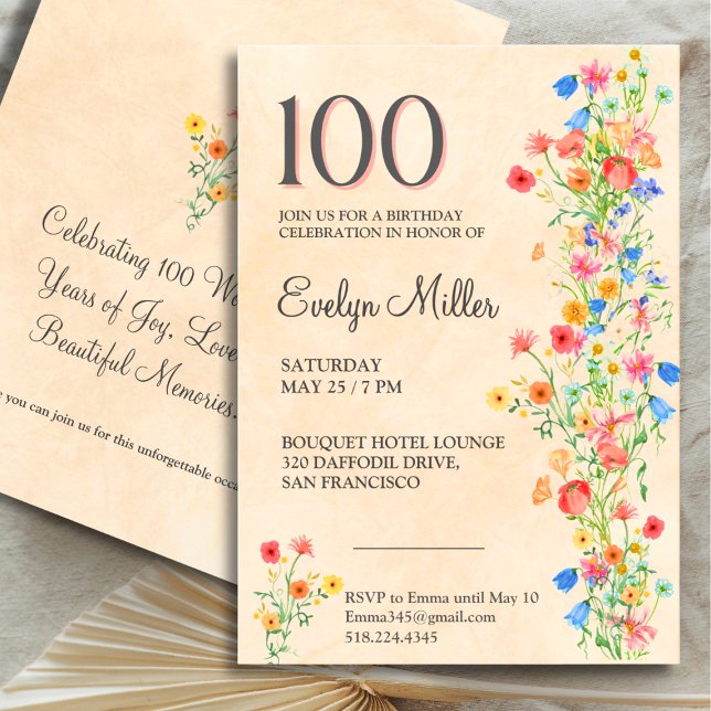 Convite 100.º aniversário - Flores selvagens elegantes (Criador carregado)