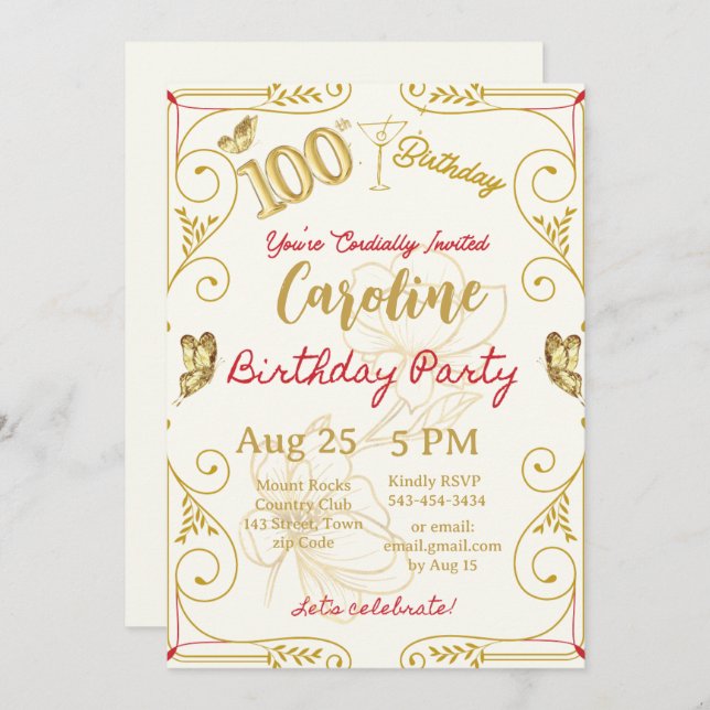 Convite 100.º aniversário Milestone Elegante (Frente/Verso)