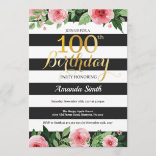Convite 100.º Aniversário, Mulheres. Preto Dourado Floral