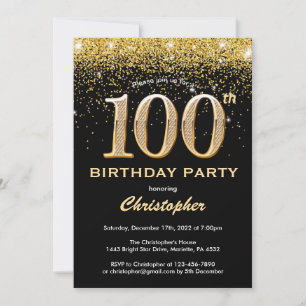 Convite 100.º Aniversário, preto e Dourado Confetti