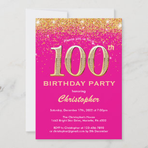 Convite 100.º Aniversário, Rosa Quente e Dourado Confetti