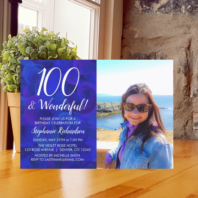 Convite 100 and Wonderful Royal Blue Photo Birthday (Criador carregado)