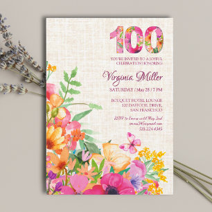 Convite 100 anos flores Floral Linen 100º Aniversário