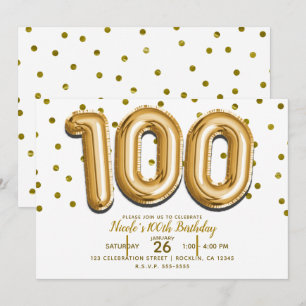 Convite 100 Balões Dourados & Confetes Aniversário de 100 