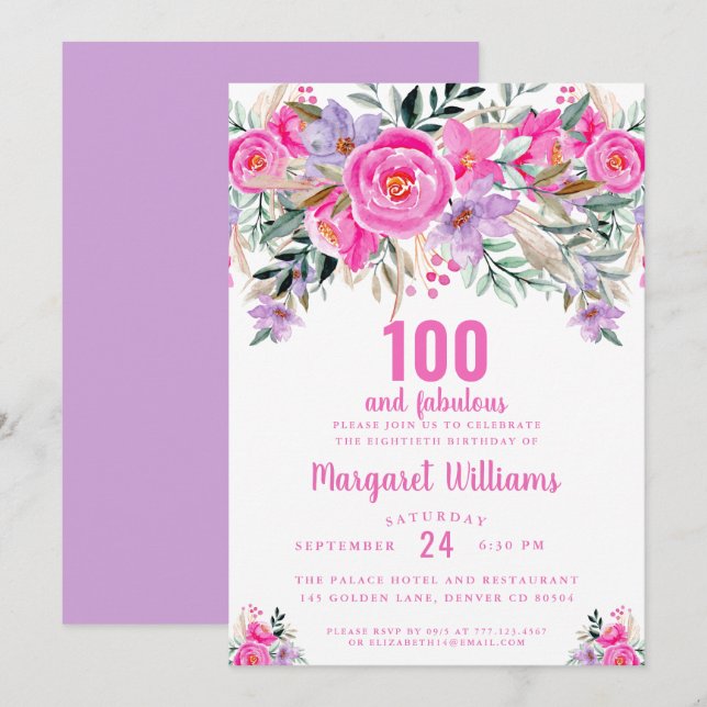 Convite 100 e fabuloso aniversário roxo, rosa 100 (Frente/Verso)