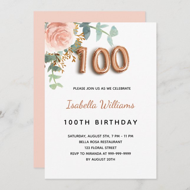 Convite 100.o aniversário da folhagem floral de rosa de ou (Frente/Verso)
