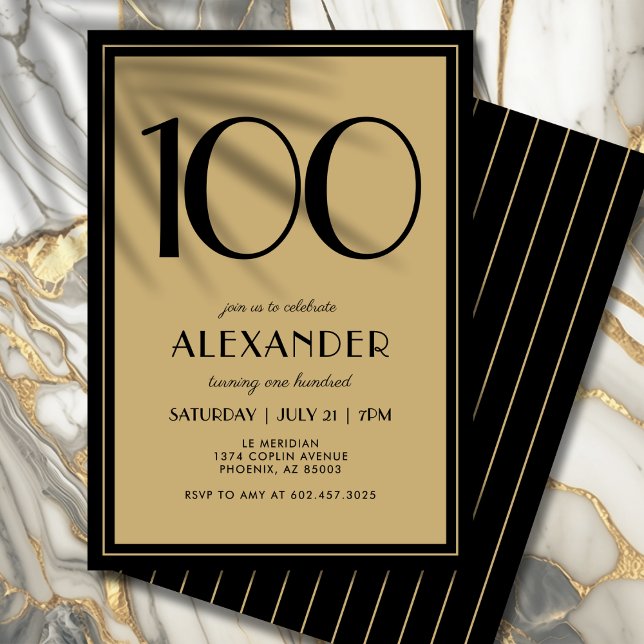 Convite 100th Birthday Adult Black and Gold Modern Minimal (Personalized black and gold invitation for an unforgettable 100th birthday.)