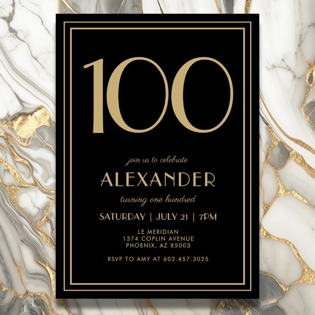 Convite 100th Birthday Black and Gold Modern Minimal Adult (Elegant black and gold 100th birthday invitation design for him or her.)