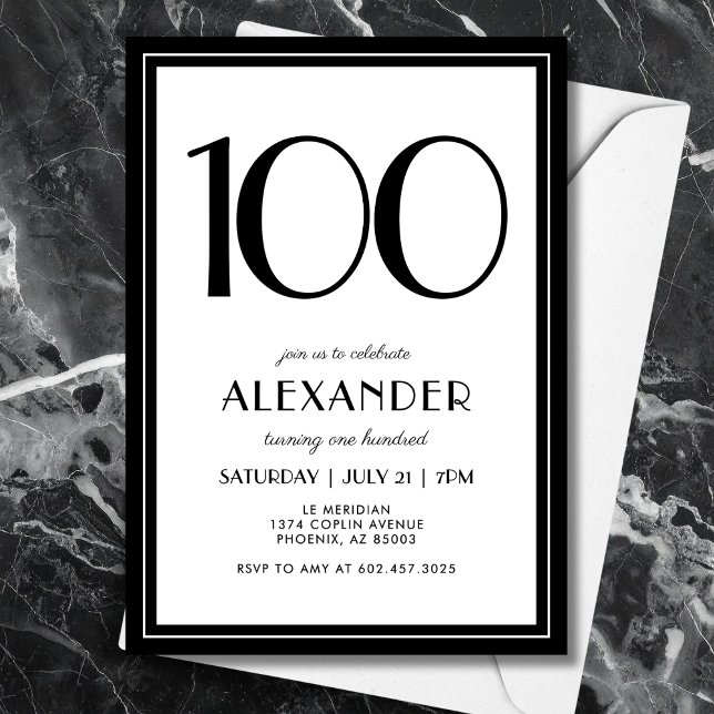 Convite 100th Birthday Black and White Modern Minimalist  (A chic black & white invitation that blends modern minimal design with elegance for 100th birthday.)