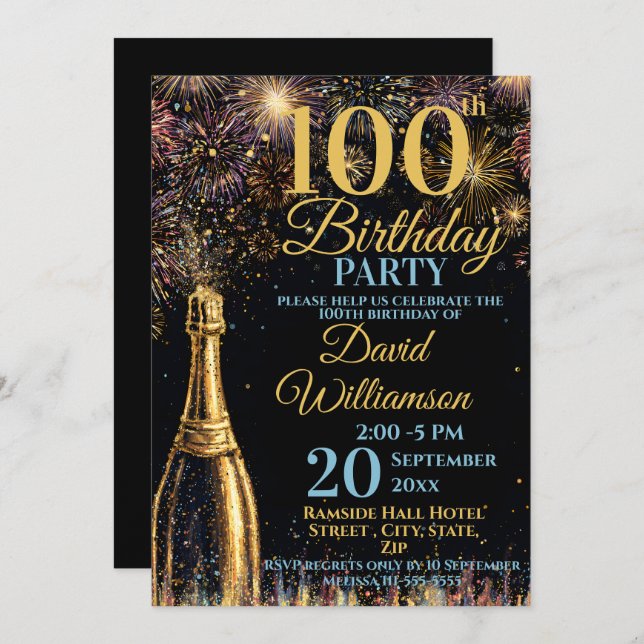 Convite 100th Birthday Bubbly Fireworks Gold Blue (Frente/Verso)