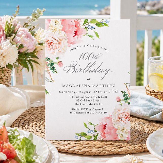 Convite 100th Birthday Party Feminine Pink Roses Floral (Criador carregado)
