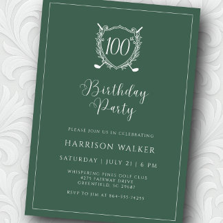 Convite 100th Birthday Party Golf Crest Elegant Script