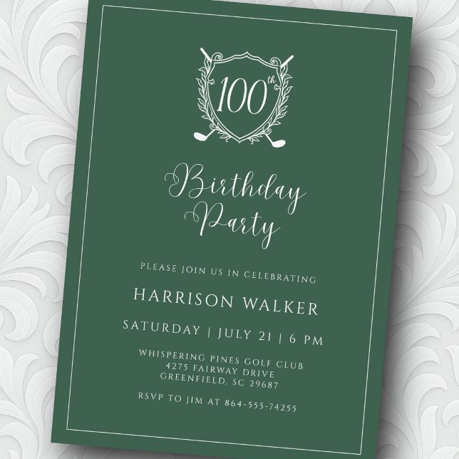 Convite 100th Birthday Party Golf Crest Elegant Script (Rich green tones for a polished, upscale feel.)