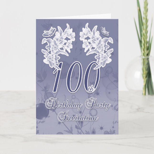 Convite 100th Birthday Party Invitation, Blue And White Fl (Frente)