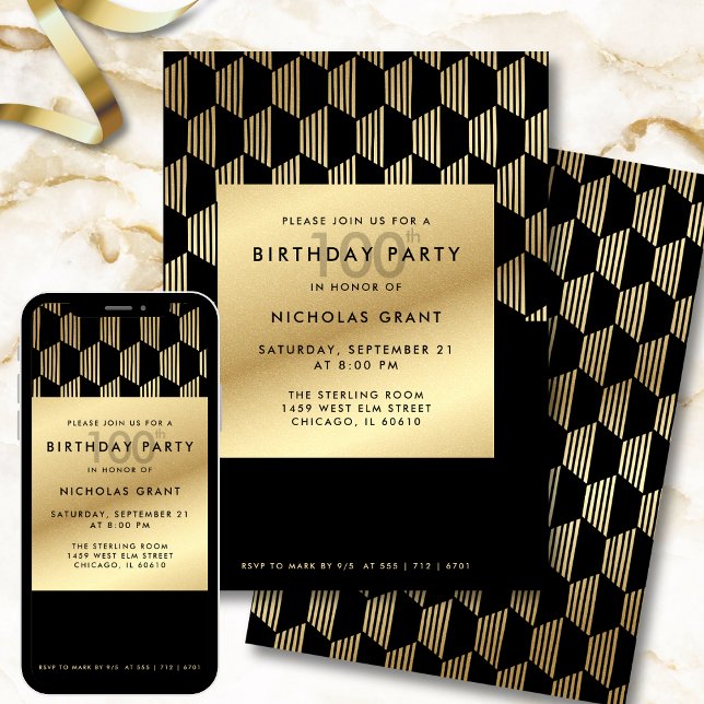 Convite 100th Birthday Party Modern Black and Gold Foil (Criador carregado)