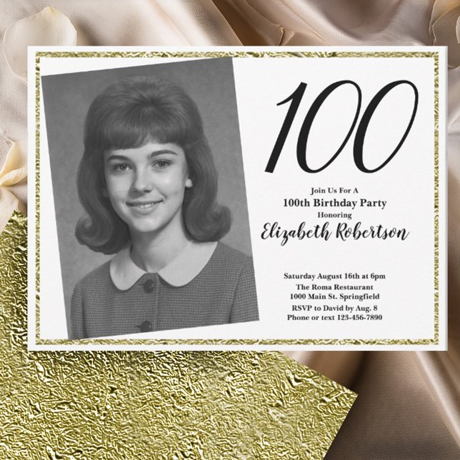 Convite 100th Custom Photo White and Gold  (Criador carregado)
