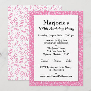 Convite 100th Teste padrão cor-de-rosa e branco do tema d