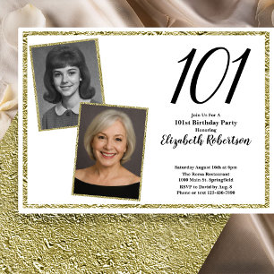 Convite 101º Personalizado Foto Branco e Dourado