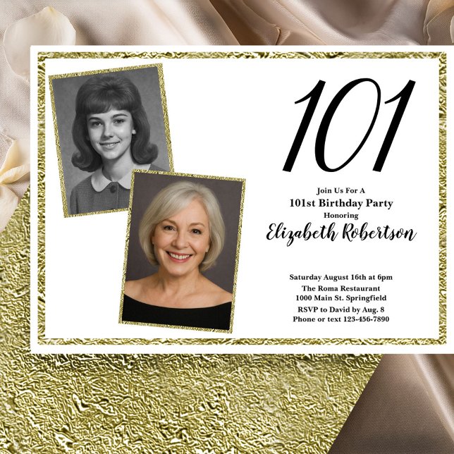 Convite 101º Personalizado Foto Branco e Dourado  (Criador carregado)