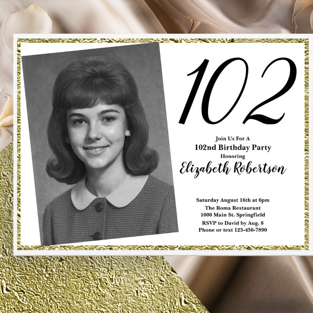 Convite 102º Personalizado Foto Branco e Dourado  (Criador carregado)