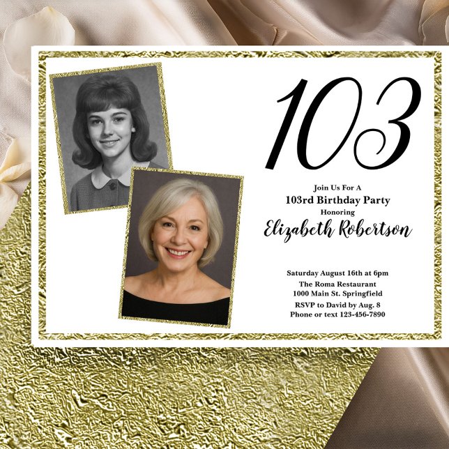 Convite 103º Personalizado Foto Branco e Dourado  (Criador carregado)