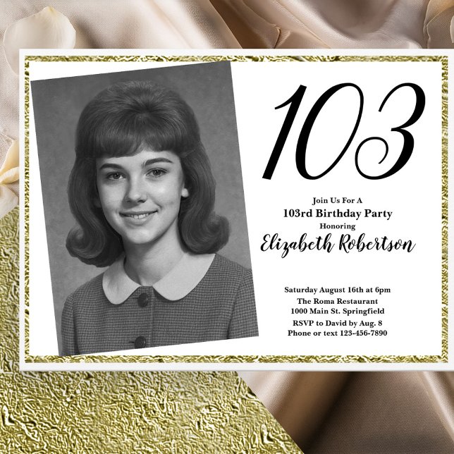 Convite 103º Personalizado Foto Branco e Dourado  (Criador carregado)