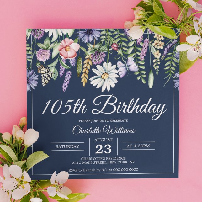 Convite 105. º aniversário Marinho de flores selvagens Ele (105th Birthday Wildflowers Navy Elegant 105 Years Invitation
)
