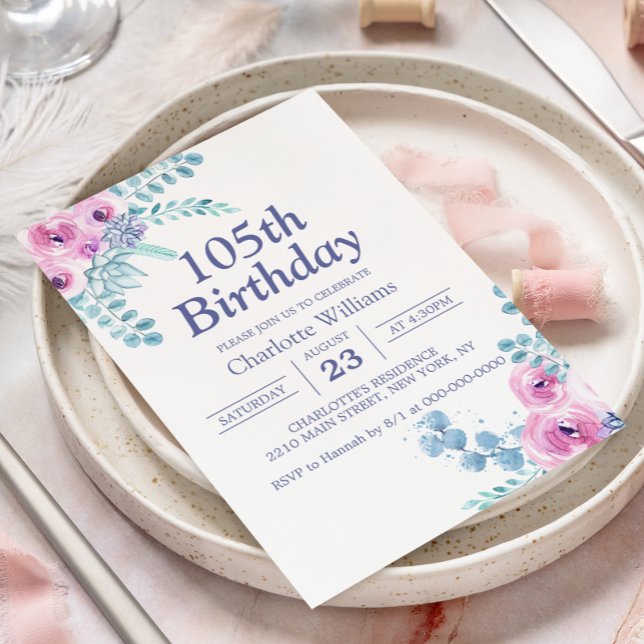 Convite 105.º Aniversário, Rosa Floral, 105 Anos (105th Birthday Floral Pink 105 Years Invitation
)