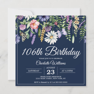 Convite 106. º aniversário Marinho de flores selvagens Ele