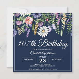 Convite 107.º aniversário Marinho de flores selvagens Eleg