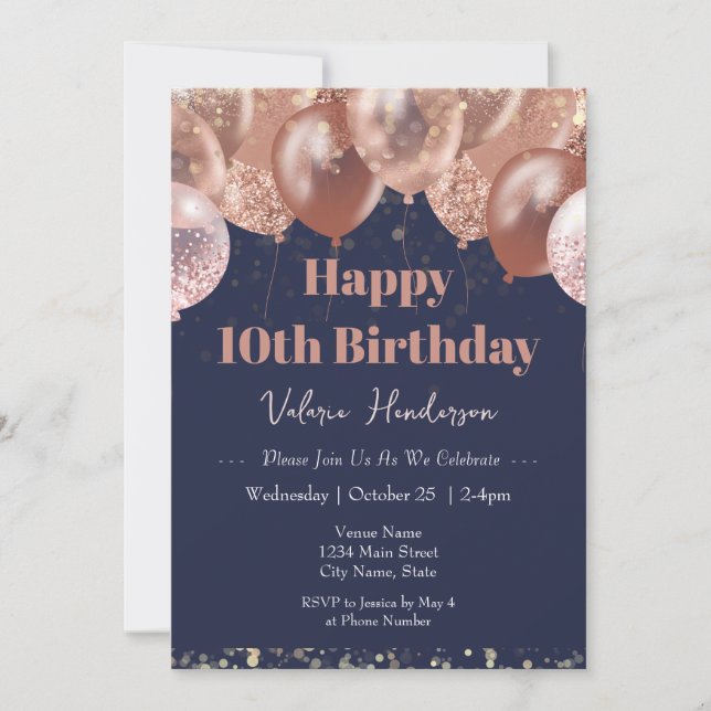 Convite 10.º Aniversário Balões Rosa (Frente)