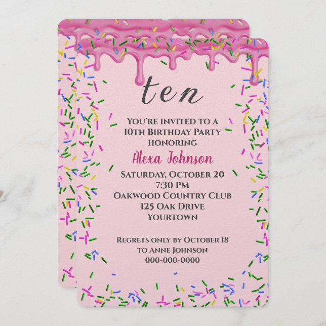 Convite 10.º Aniversário, Cinzas Rosa E Préguas (Frente/Verso)