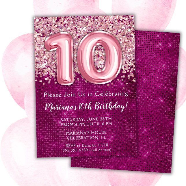 Convite 10.º Aniversário Rapariga Magenta Rosa Brilhante (Criador carregado)
