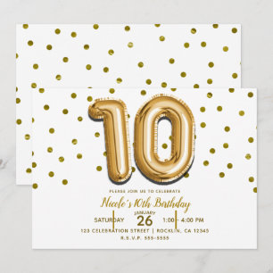 Convite 10 Dez Balões Dourados Confetes Aniversário de 10