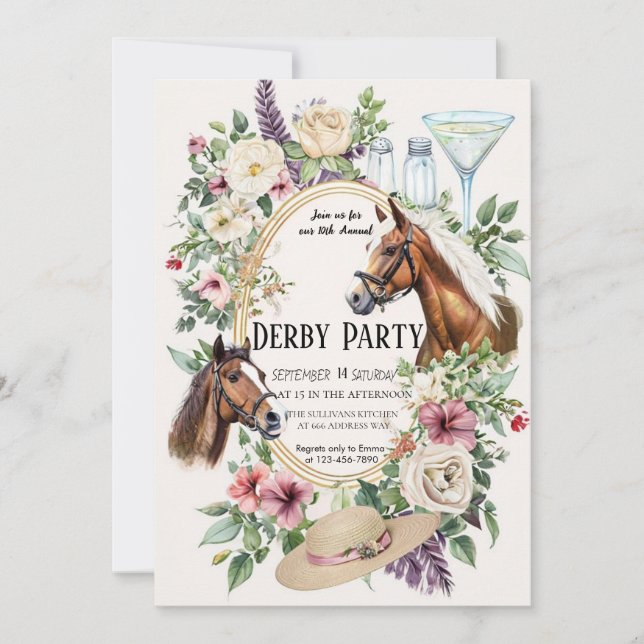 Convite 10th Annual Derby Party Invitation with Floral and (Frente)