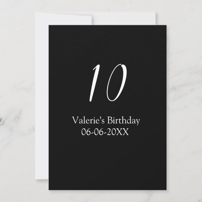 Convite 10th birthday white black name date calligraphy  (Frente)