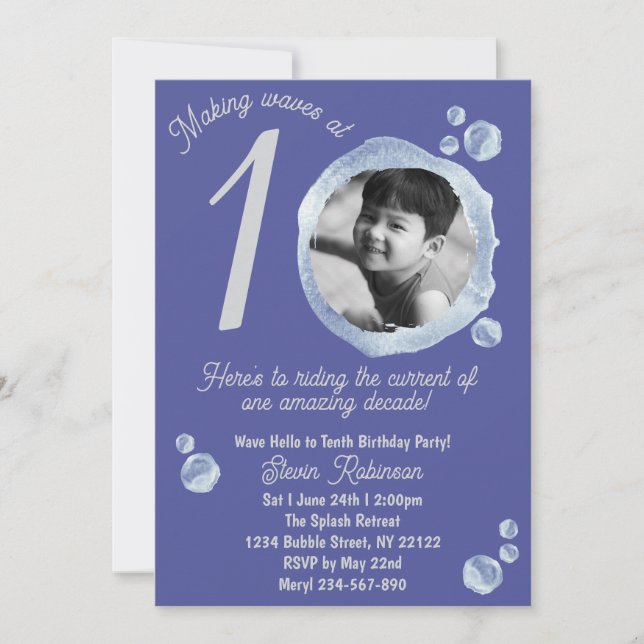 Convite 10th Indigo Blue Bubble Birthday Party Invitation (Frente)