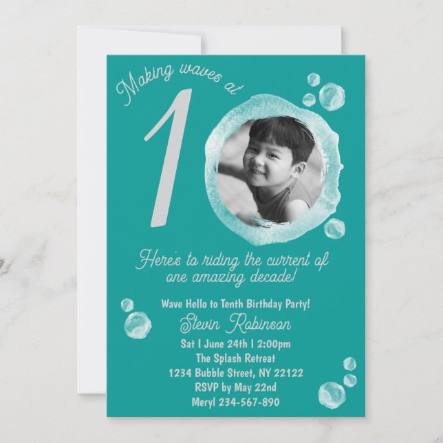 Convite 10th Ocean Teal Bubble Birthday Party Invitation (Frente)