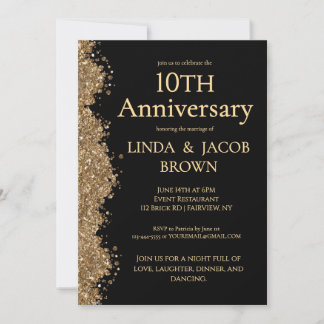 Convite 10th Wedding Anniversary Gold Faux Glitter